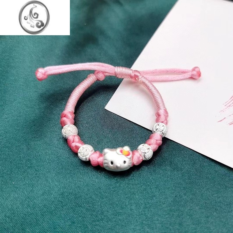JiMi999宝宝银银手链女公主小猫咪圆珠红绳手工编织足银卡通儿童礼物