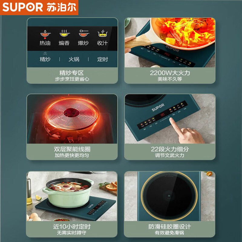 苏泊尔电磁炉智能电磁灶火锅炉精控恒温22档火力调节10h定时 2200W大火力 素彩大屏C22-IH28[商超同款]