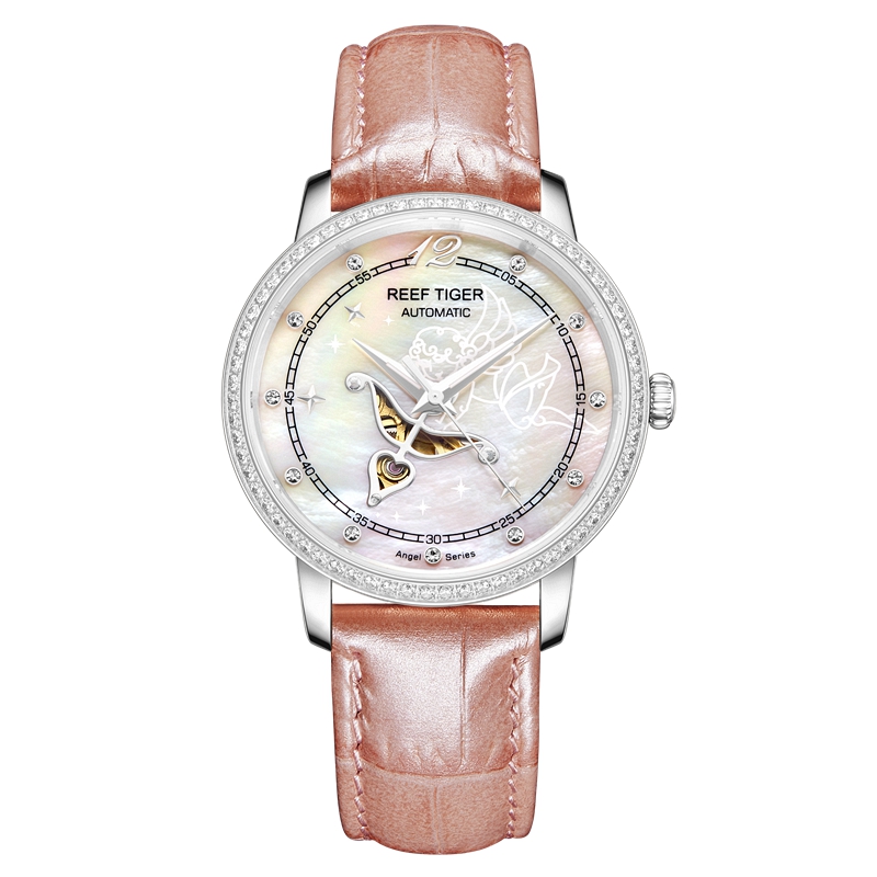 瑞夫泰格(REEF TIGER)女士手表全自动机械表女表时尚防水镂空潮流镶钻时装表丘比特系列GRA1550 银白粉面粉皮