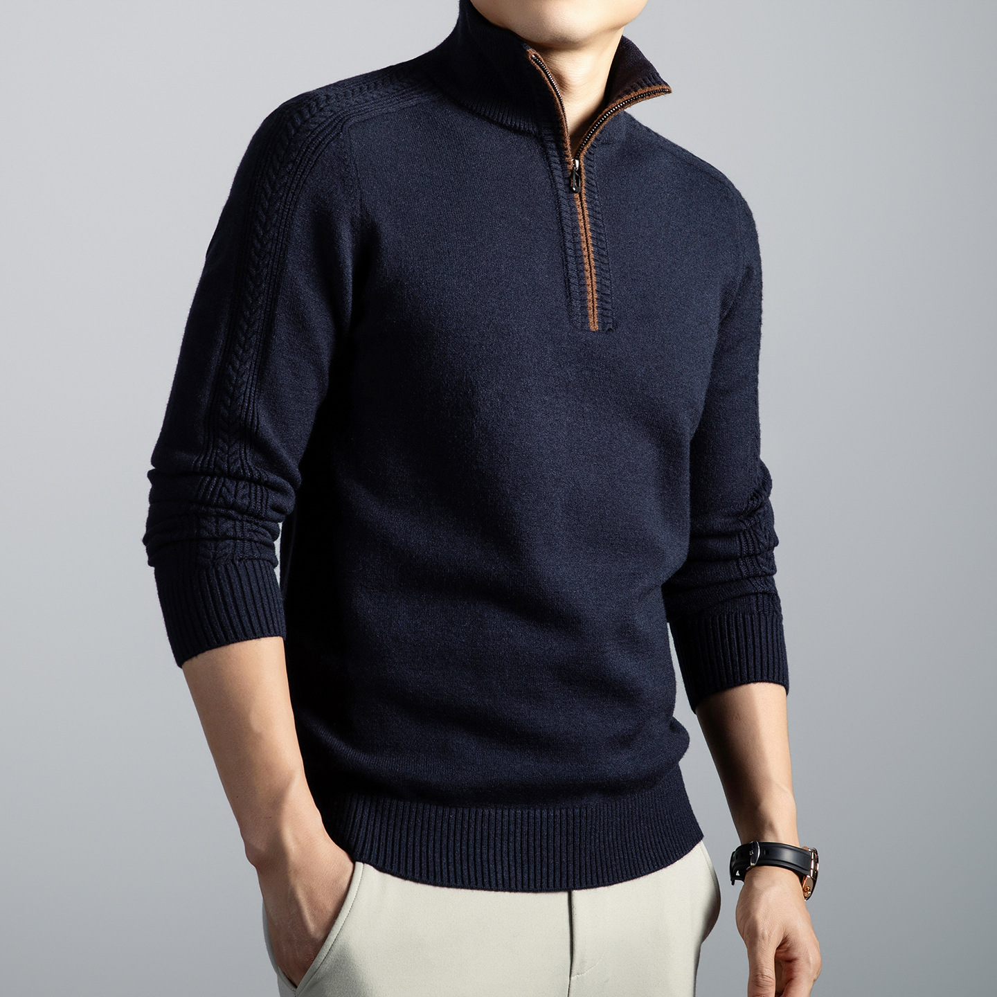 半拉链提花毛衣男加厚550克2025秋冬季新款半高领打底男士羊毛衫 上青 L
