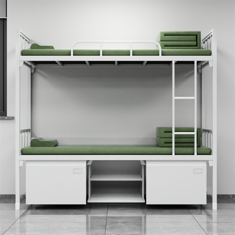 富路达钢制双层床宿舍上下铺铁架床加厚内务双人床带鞋柜1.2米宽高清大图