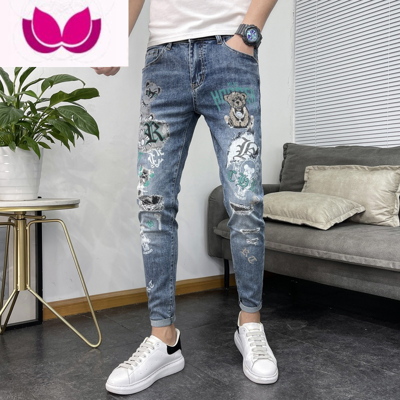 七斓弹力修身小脚牛仔裤男韩版潮流百搭欧洲站潮牌小熊印花裤子
