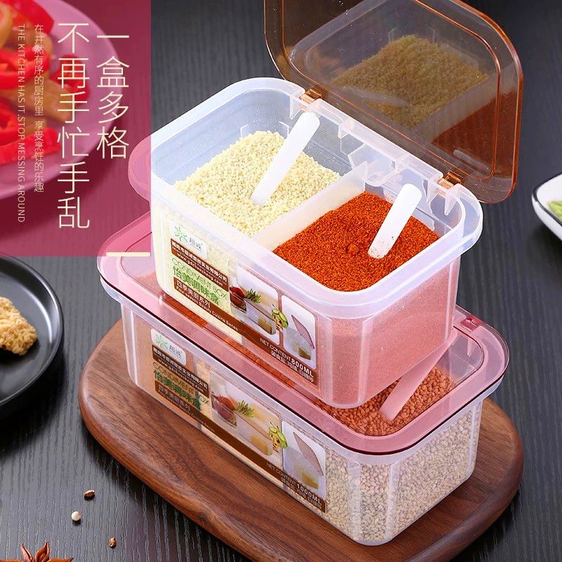 厨房调味盒塑料调味罐套装家用佐料味精收纳盒盐罐调料罐调味料盒 3032两格[灰色] 一个装