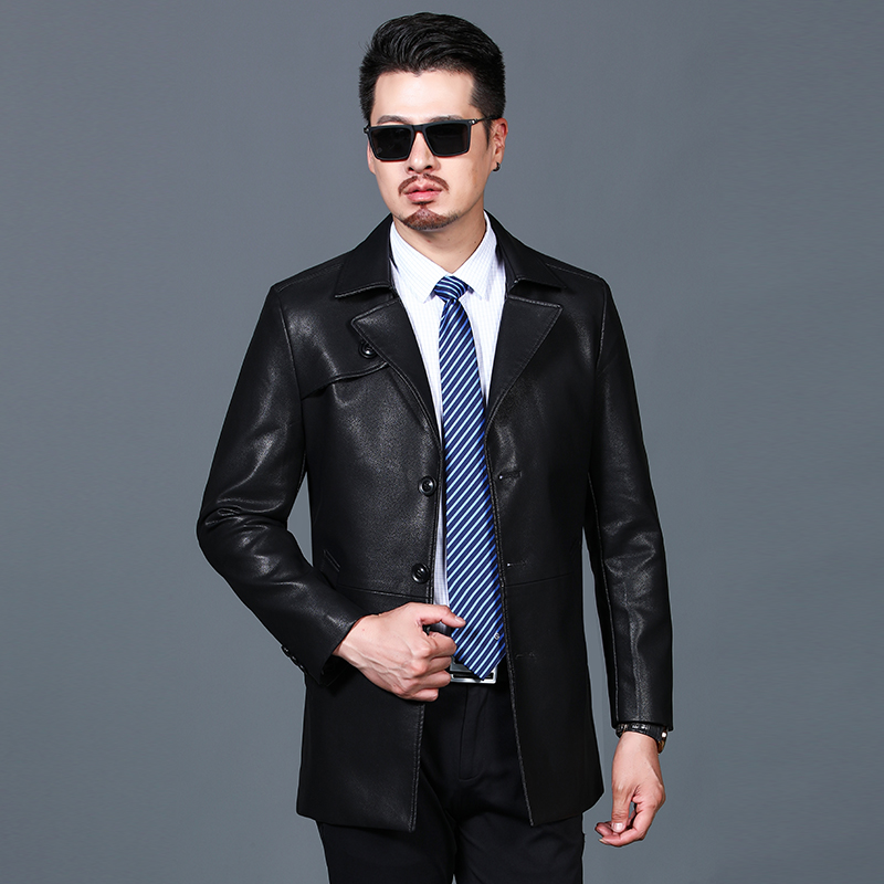 海宁山羊皮真皮西装专柜正品羊皮西服真皮皮衣男装春秋季真皮西装三粒扣真皮皮衣男式绵羊皮西服外套韩版修身男装皮衣 32F黑色皮风衣 175L