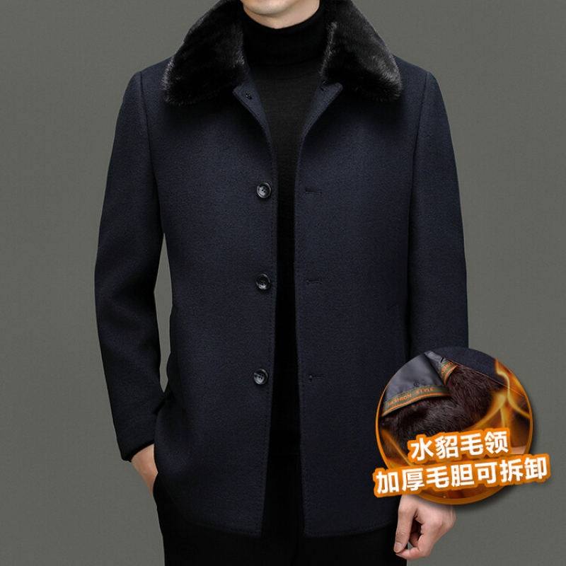 花花公子高端水貂领+拆卸毛内胆尼克服男士羊毛呢大衣商务休闲男装外套厚 藏青 195
