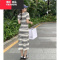 YIBUSHENG胖妹妹方领条纹短袖针织连衣裙女春2024新款宽松中长款T恤裙子