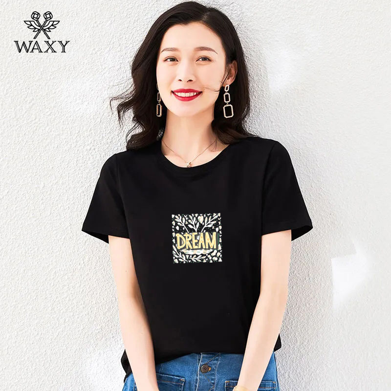WAXY短袖t恤女夏2021新款韩版正肩设计感时尚休闲洋气纯棉上衣ins