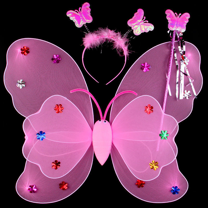 儿童发光蝴蝶翅膀玩具粉色蓬蓬纱裙三件套小女童公主天使翅膀装饰