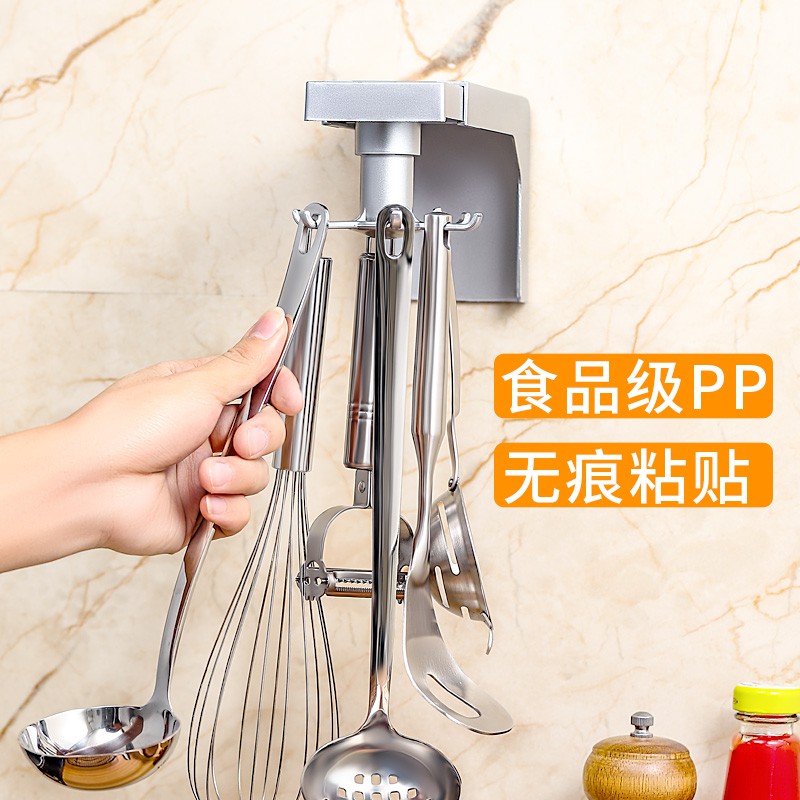 可旋转免打孔收纳架挂钩厨房壁挂式置物架锅铲勺子可伸缩多用挂架收纳层架 三维工匠高清大图
