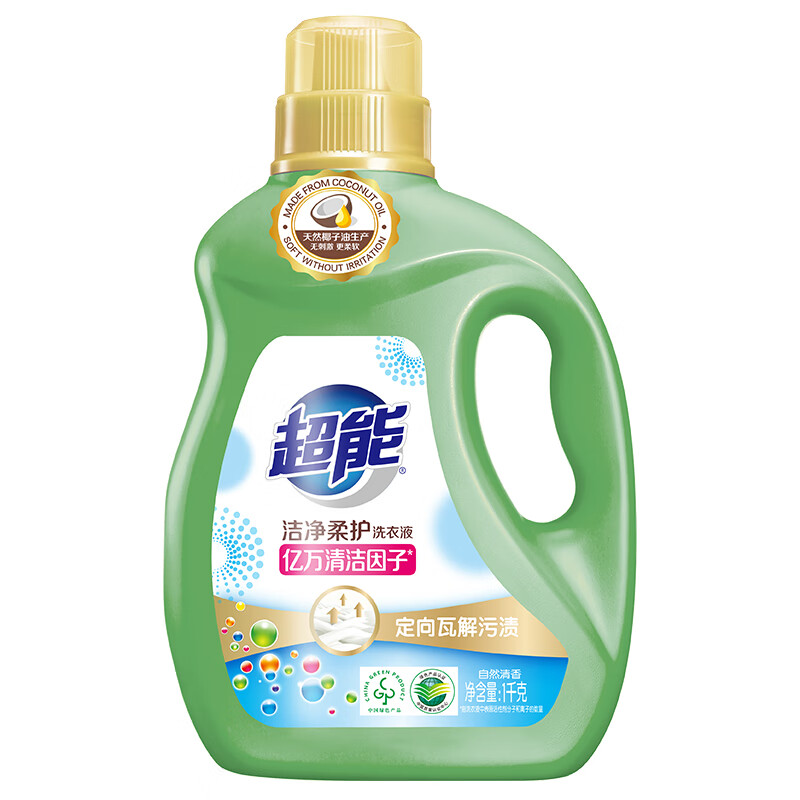 超能 洁净柔护洗衣液瓶装天然椰子油温和无刺激自然清香去污护色 1kg高清大图