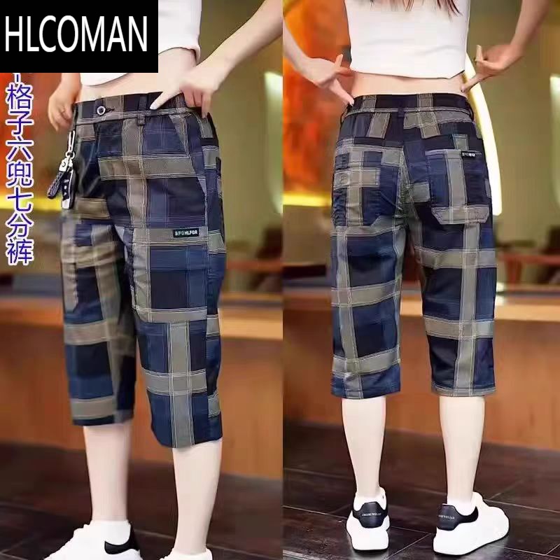 HLCOMAN夏季薄款冰丝速干运动短裤男士格子七分裤韩版百搭男装时尚休闲裤