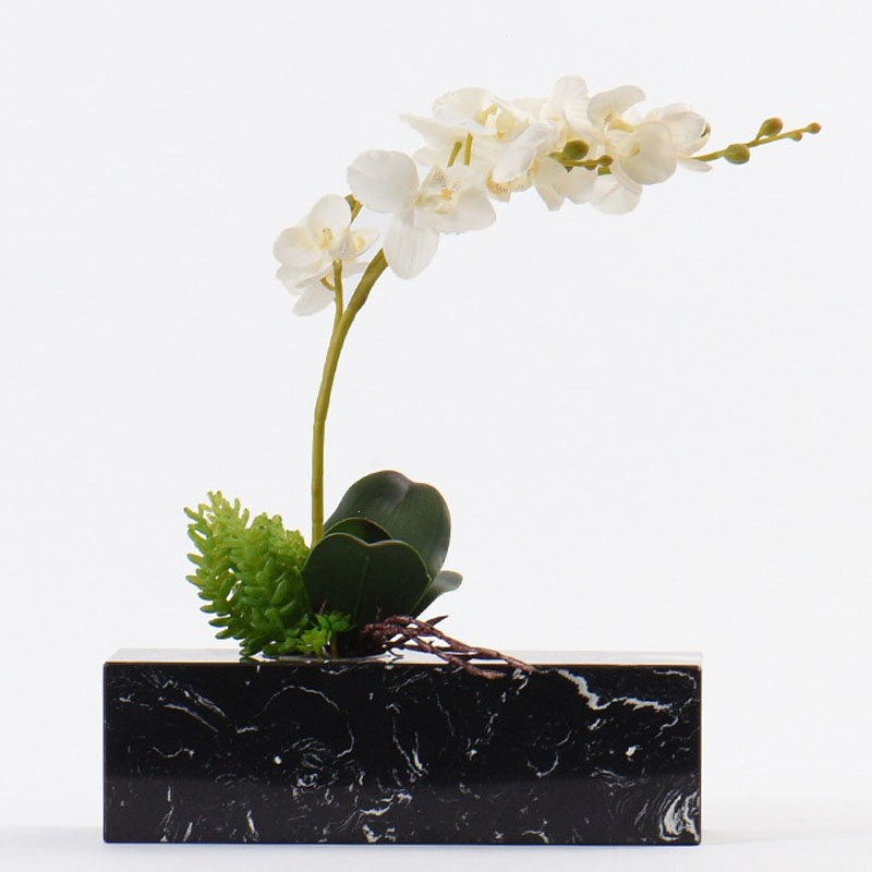 古达新中式轻奢风大理石仿真花白色蝴蝶兰绿植盆景客厅电视柜茶室摆件
