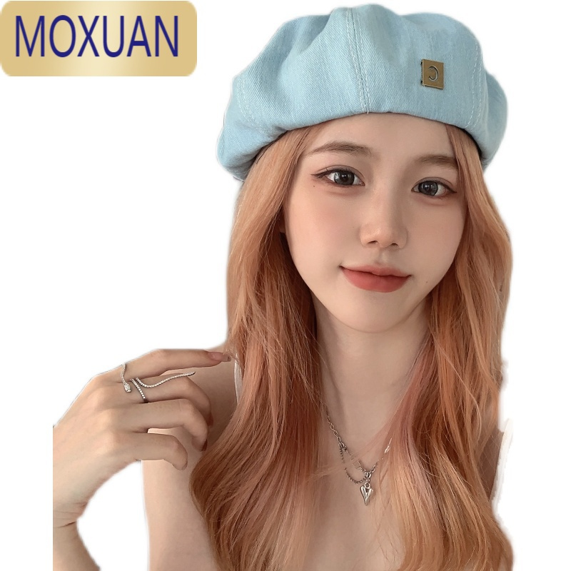 MOXUAN牛仔贝雷帽女小众春夏季舒适显脸小蓓蕾画家帽圆脸水洗做旧帽子女