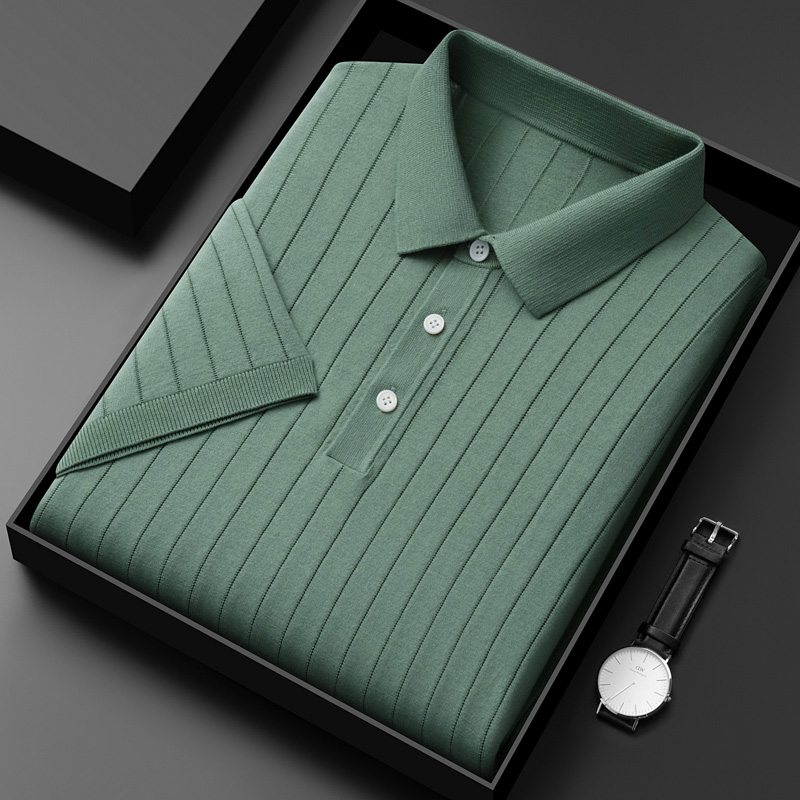 夏季新款轻奢桑蚕丝男翻领针织短袖t恤韩版男装修身半袖polo衫潮 165/S 果绿