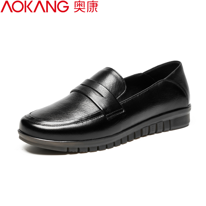 奥康女士休闲皮鞋舒适软底豆豆鞋牛皮透气单鞋日常通勤低帮套脚乐福鞋 黑色 38码