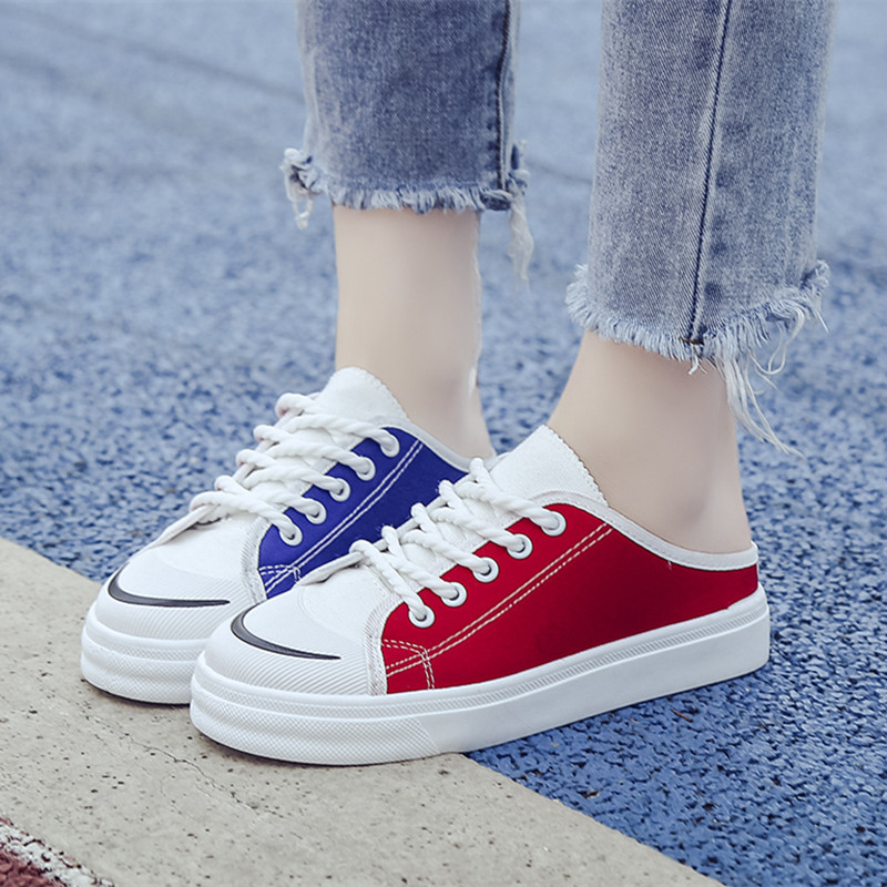 述雅帆布拖鞋女夏新款踩脚鞋平底半托布鞋无后跟一脚蹬懒人鞋