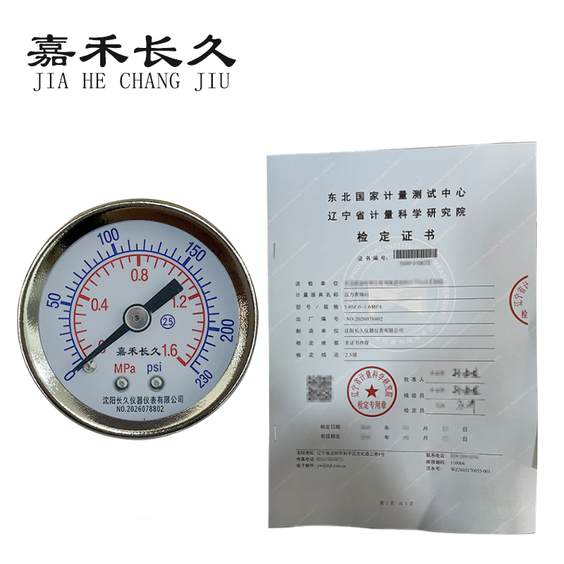 嘉禾长久 压力表轴向（带辽宁省级检定证书）Y40Z 块高清大图