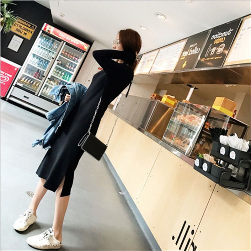 长袖小黑裙哺乳衣秋季外出辣妈款显瘦针织长裙打底喂奶衣连衣裙潮