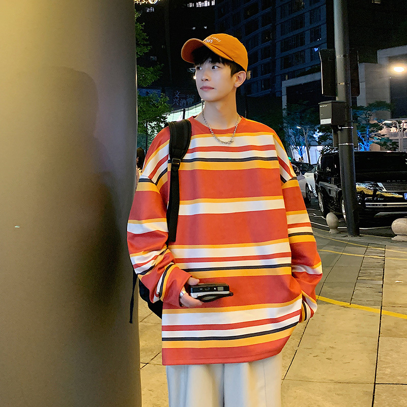 蒙洛里克港风条纹卫衣男生春秋季日系潮牌长袖T恤内搭打底衫圆领宽松衣服MYW23-5531