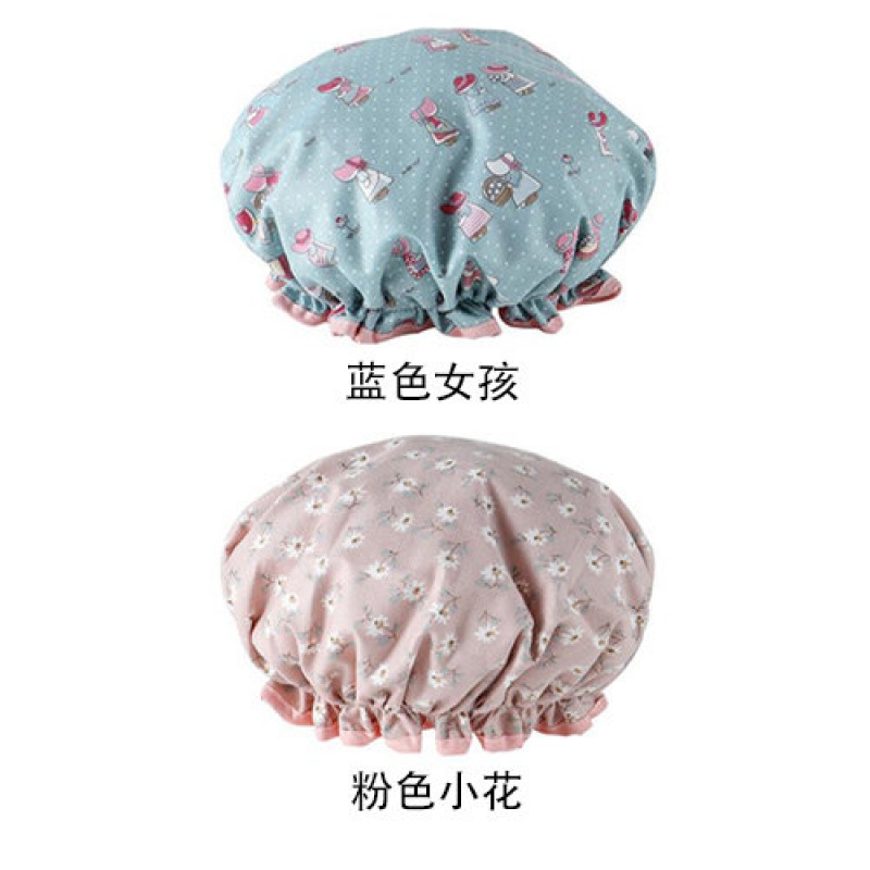 洗澡浴帽成人沐浴帽女式防水卡通可爱家用防油烟帽厨房帽子洗澡帽 三维工匠 粉色小花+蓝色女孩高清大图