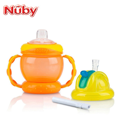 努比(Nuby)双耳握把PP学饮杯水杯--黄盖橘身(附鸭嘴替换头)240ml 适用年龄:6个月以上