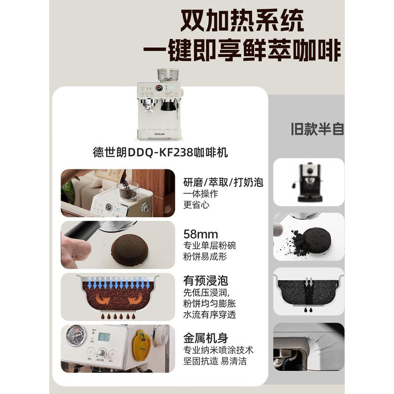 德世朗研磨一体咖啡机蒸汽喷淋萃取,简单易操作 DDQ-KF238高清大图