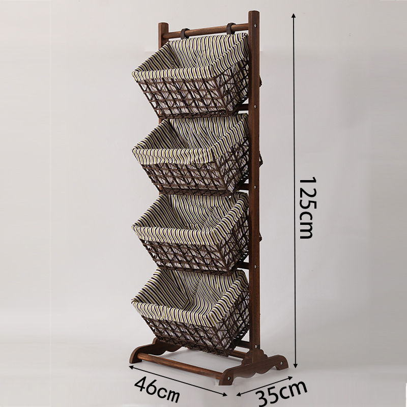 森美人布艺玩具收纳架客厅落地杂物储物架藤编多层书报架实木置物架 四层烤架-黄条新款46宽