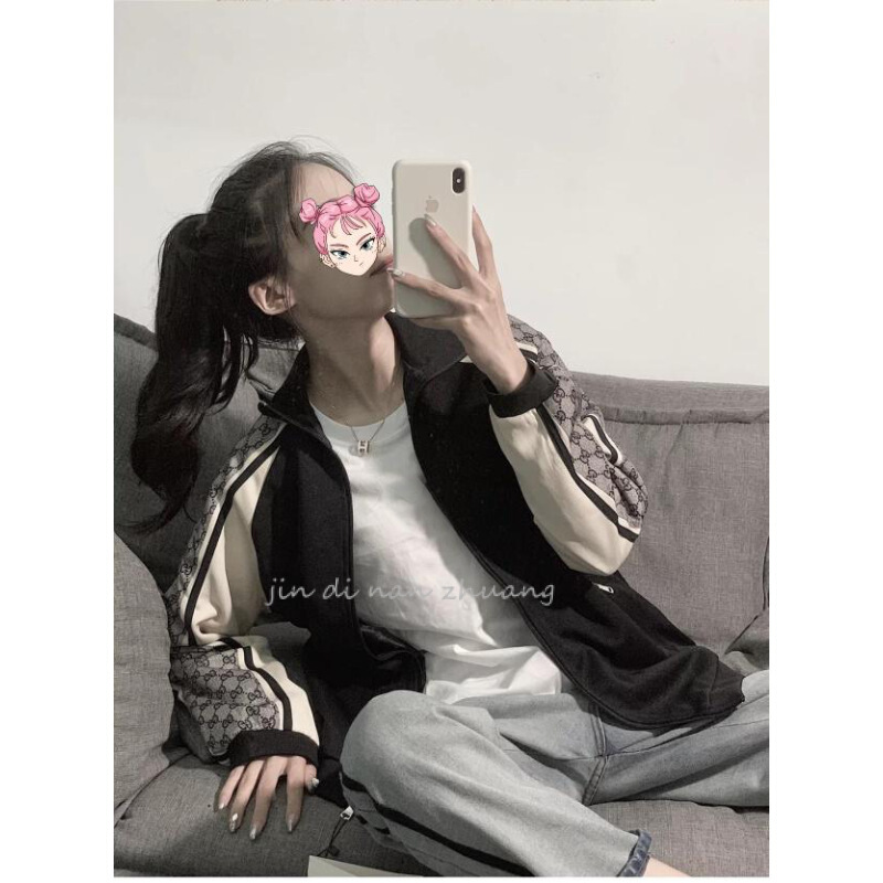迪鲁奥（DILUAO)春秋拼接外套女宽松韩版撞色ins潮运动棒球服BF嘻哈风休闲黑_114_746 M 卡其色条纹上衣