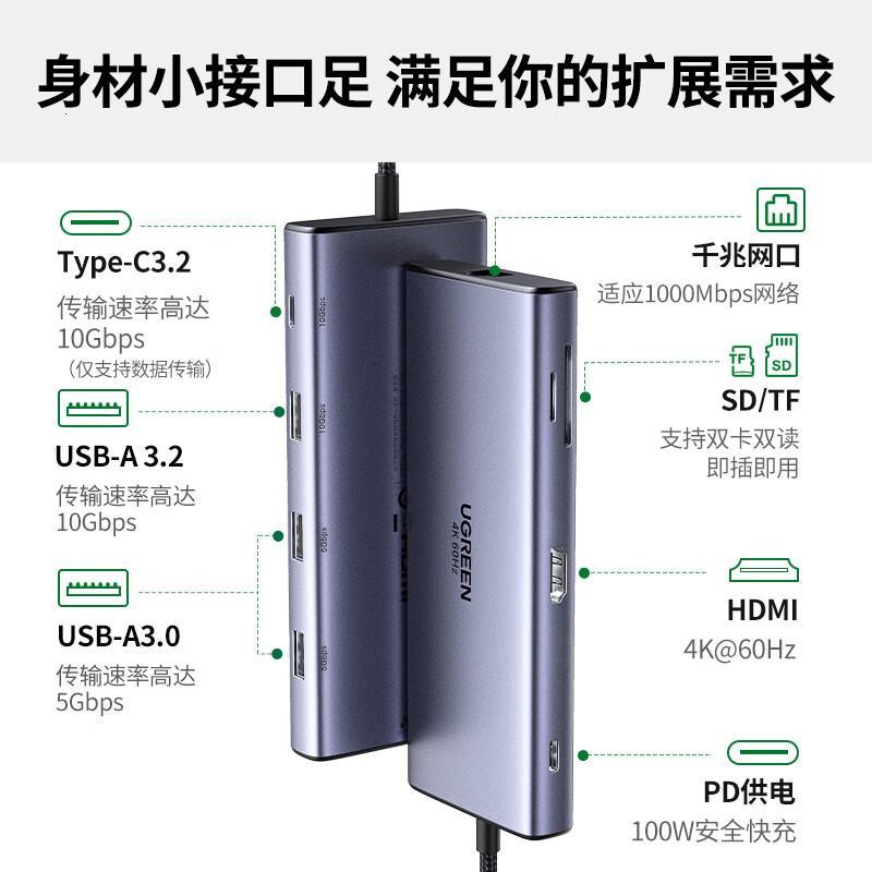 绿联Type-C3.2扩展坞雷电4拓展坞HUB3.2分线转换器10G转接头4K@60Hz投屏HDMI