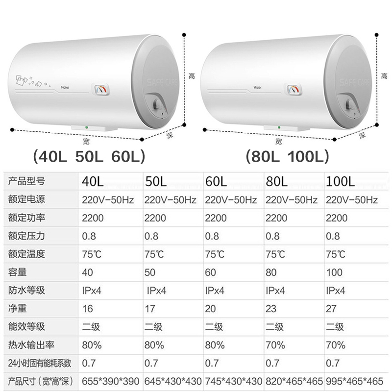 Haier海尔电热水器电40升50L60升80升家用速热洗澡储水式卫生间100L 八十升