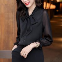 黑色高端衬衫女设计感蝴蝶结雪纺衬衣新款2021年洋气时尚气质上衣 黑色 九分袖 S 建议75-90斤