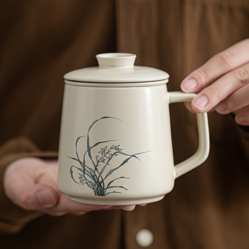 陶瓷茶杯茶水分离带盖过滤办公个人水杯子马克杯-草木灰办公杯-兰花(安全装)200ml-400ml