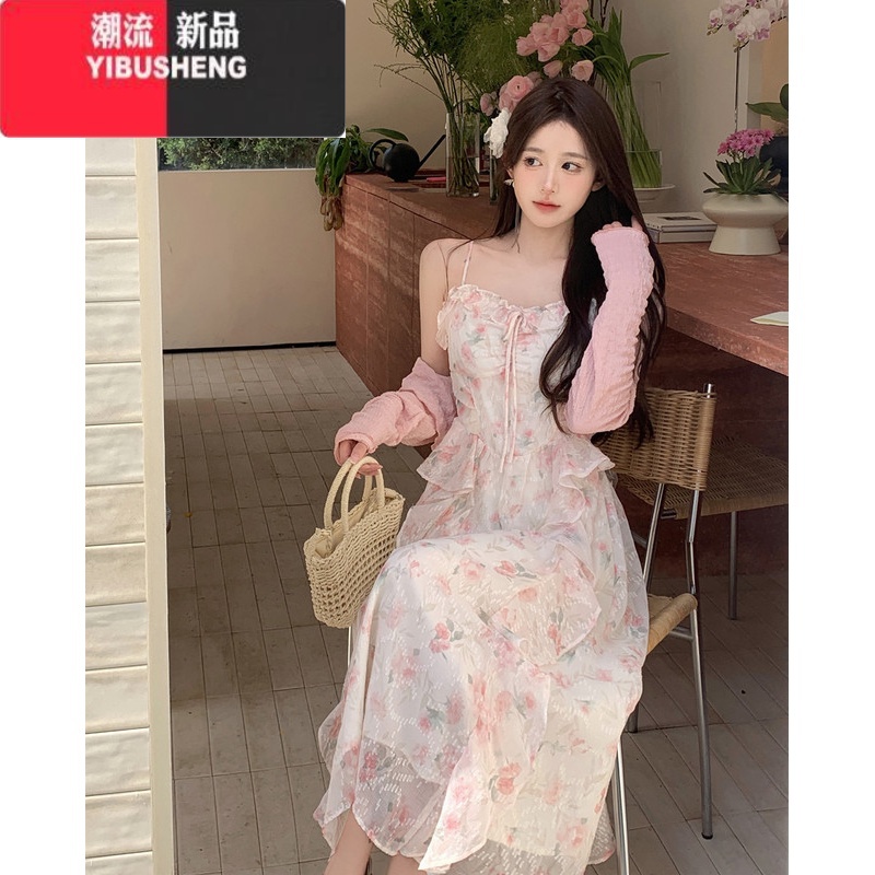 YIBUSHENG大码女装法式温柔风碎花连衣裙季显瘦吊带裙胖MM裙子防晒衫套装高清大图