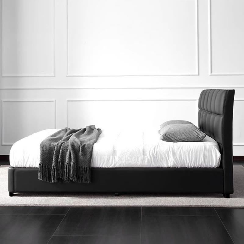 欧梵森意式极简真皮床黑色华夫格主卧小户型婚床现代简约轻奢软包储物床图片
