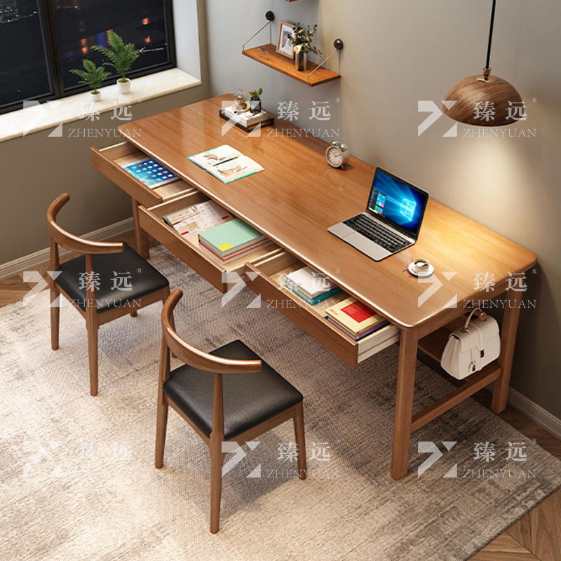 臻远 ZY4022925 胡桃色实木双人书桌简约电脑桌学习桌1.6米办公桌长条桌含两把牛角椅