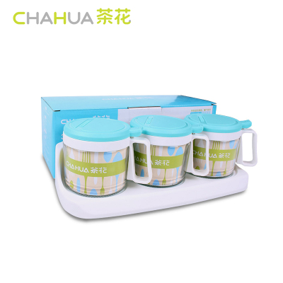 茶花(CHAHUA)三组圆形否玻璃调味瓶300ML 3组装+底座6016 PP材质 蓝色