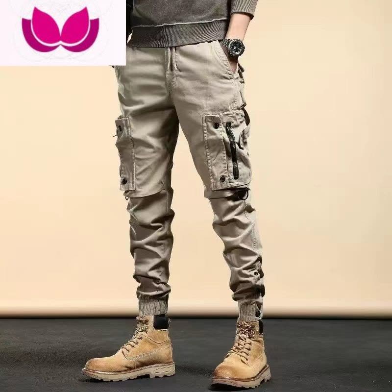 七斓美式复古卡其工装裤男潮牌修身小脚束脚裤战术裤九分休闲裤子图片