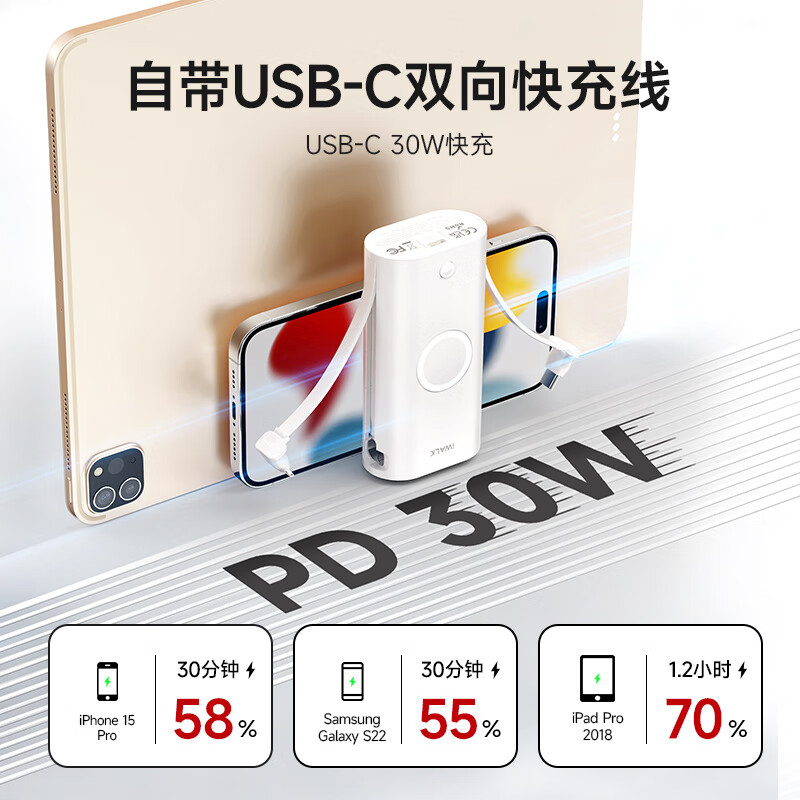爱沃可(iWALK)LPW001 自带双线30W快充充电宝iwatch磁吸充多功能三合一移动电源 10000mAh 黑色高清大图
