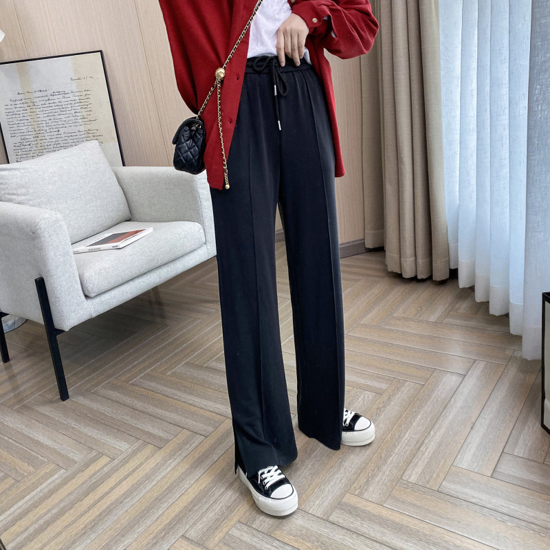 艳如飞垂坠感大码女装秋季肥妹妹mm铜氨丝宽松显瘦开叉直筒拖地裤200斤大码女装