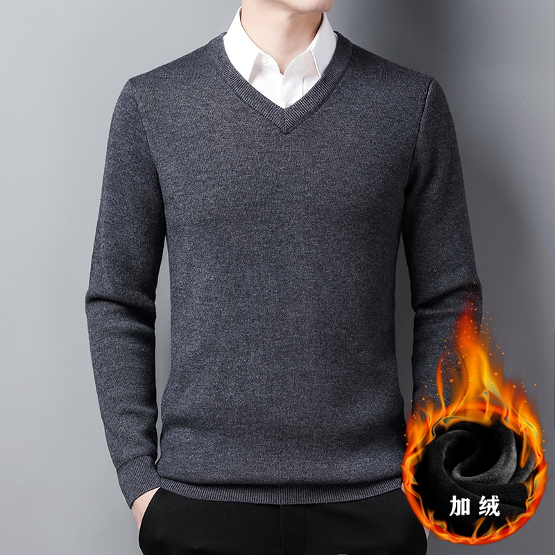 恒源祥v领纯色加绒男士毛衣厚商务休闲大码保暖长袖针织衫衣服男装