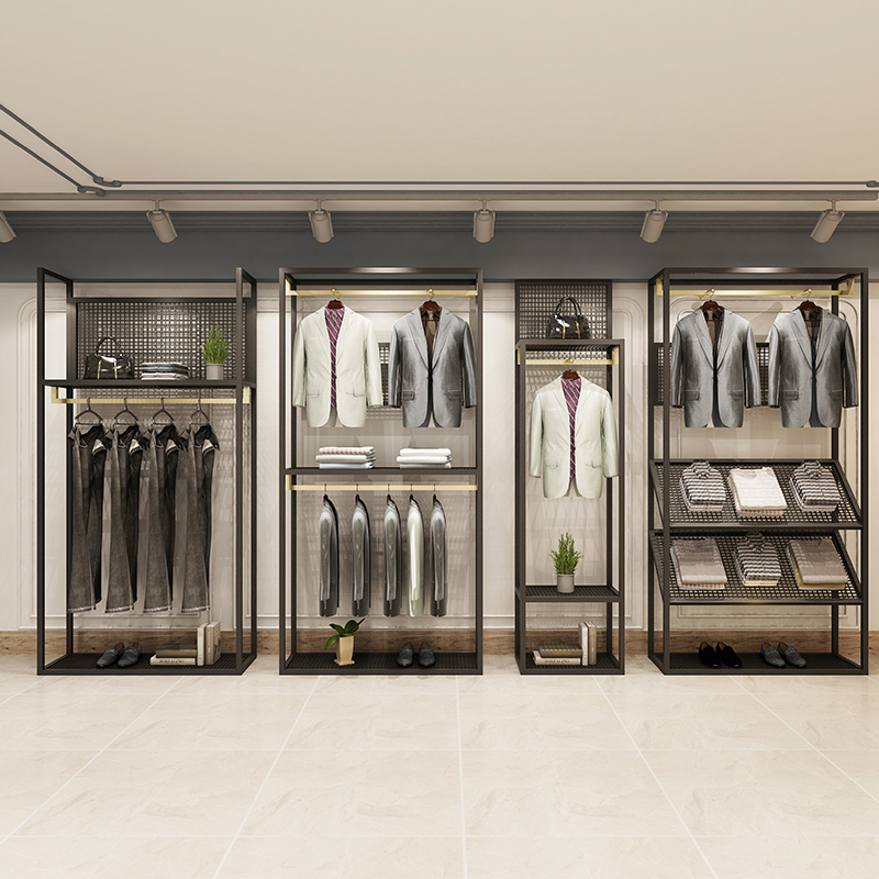 男装服装店衣架展示架落地式男装货架陈列挂衣服架子金色挂衣架晾晒架