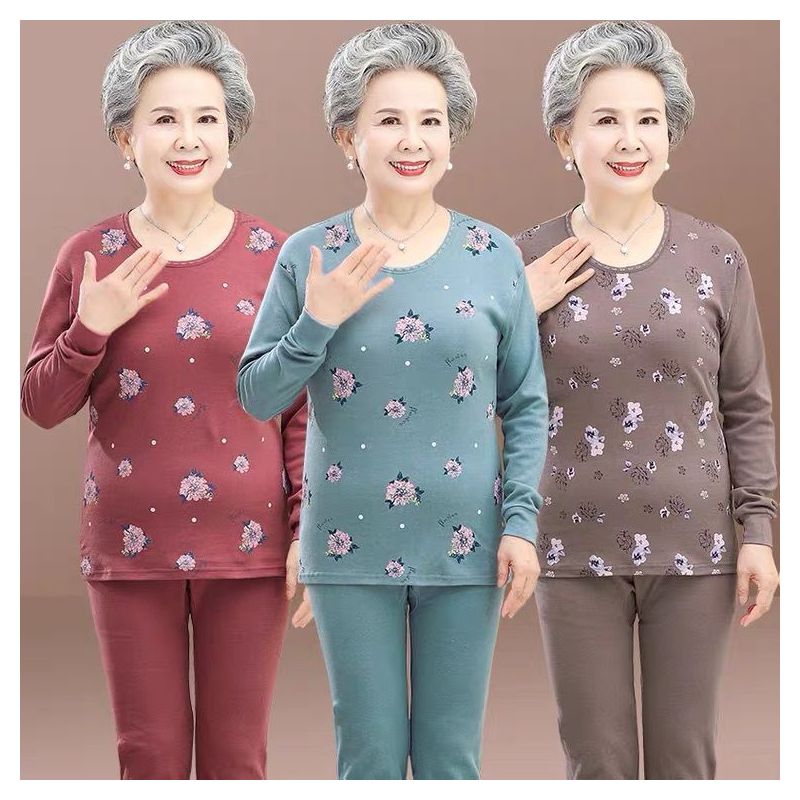 中老年人妈妈秋衣秋裤长袖套装秋冬保暖内衣女奶奶装春秋装打底衫