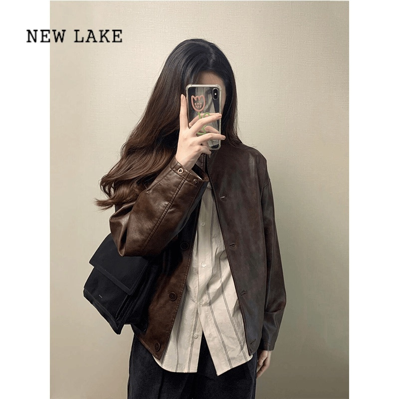 NEW LAKE美拉德皮衣外套女春季新款宽松做旧小众立领棕色复古PU皮夹克外搭