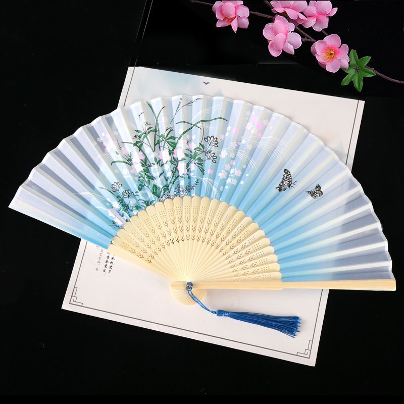 古装汉服扇中扇子日式夏季网红女迷你小扇子舞蹈扇子古风折扇|上阳春蓝 [带扇套]