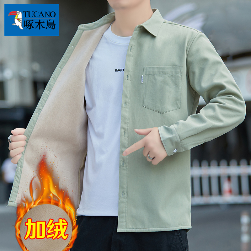 啄木鸟长袖衬衫男士加绒厚秋冬季纯棉休闲上衣新款宽松衬衣外套休高清大图