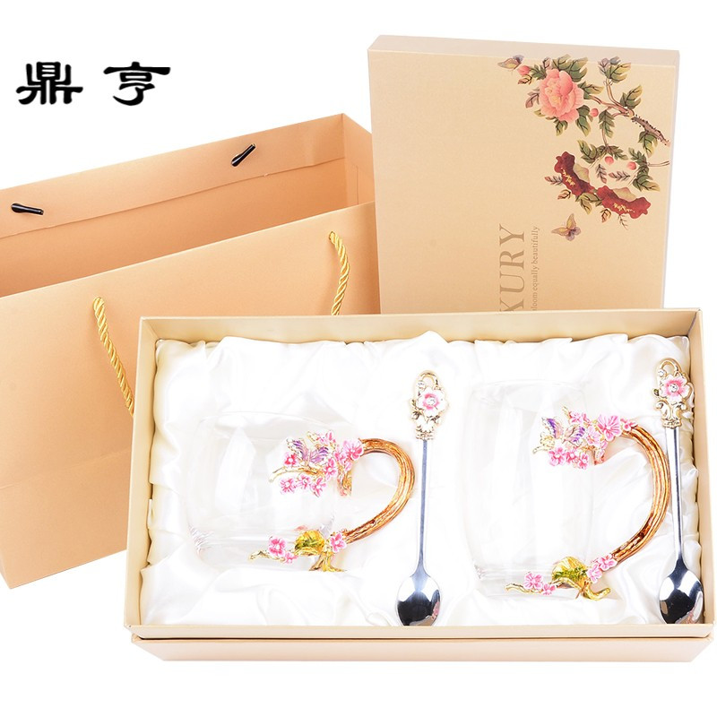鼎亨创意粉兰梅珐琅彩花茶杯果汁杯子家用耐热玻璃水杯咖啡杯