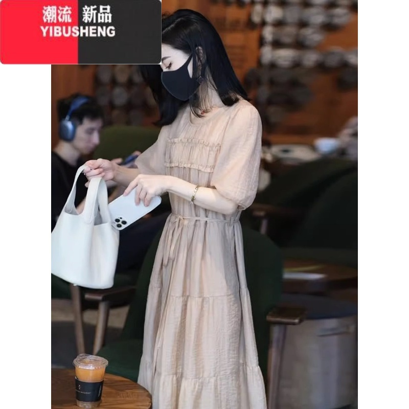 YIBUSHENG高级感纱料连衣裙女2024年季新款高端定制宽松减龄短袖拼接长裙