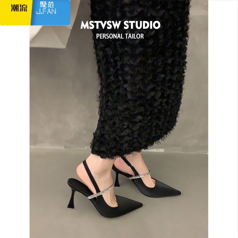 聚范黑色高跟鞋女细跟2024新款尖头包头凉鞋配裙子法式玛丽珍单鞋高清大图