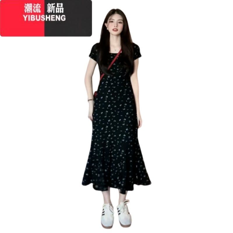 YIBUSHENG法式黑色碎花短袖连衣裙子女装季2024新款修身收腰显瘦气质长裙图片