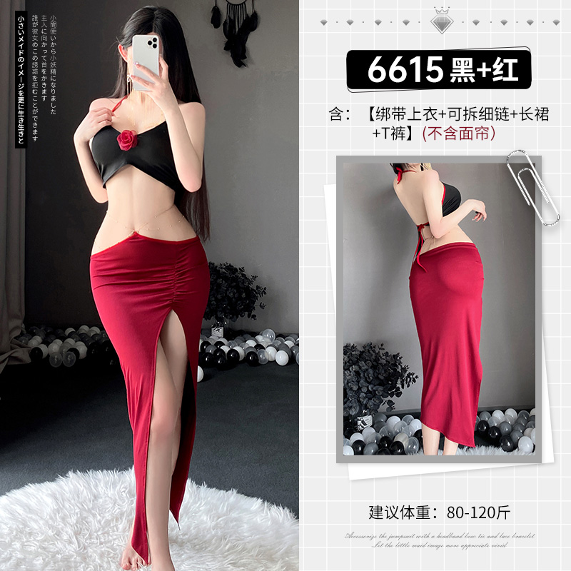 霏慕性感情趣内衣金链饰腰性感露背套装6615女式情趣睡衣制服床上衣服高开叉长裙 7581黑色【单件连身袜】 均码
